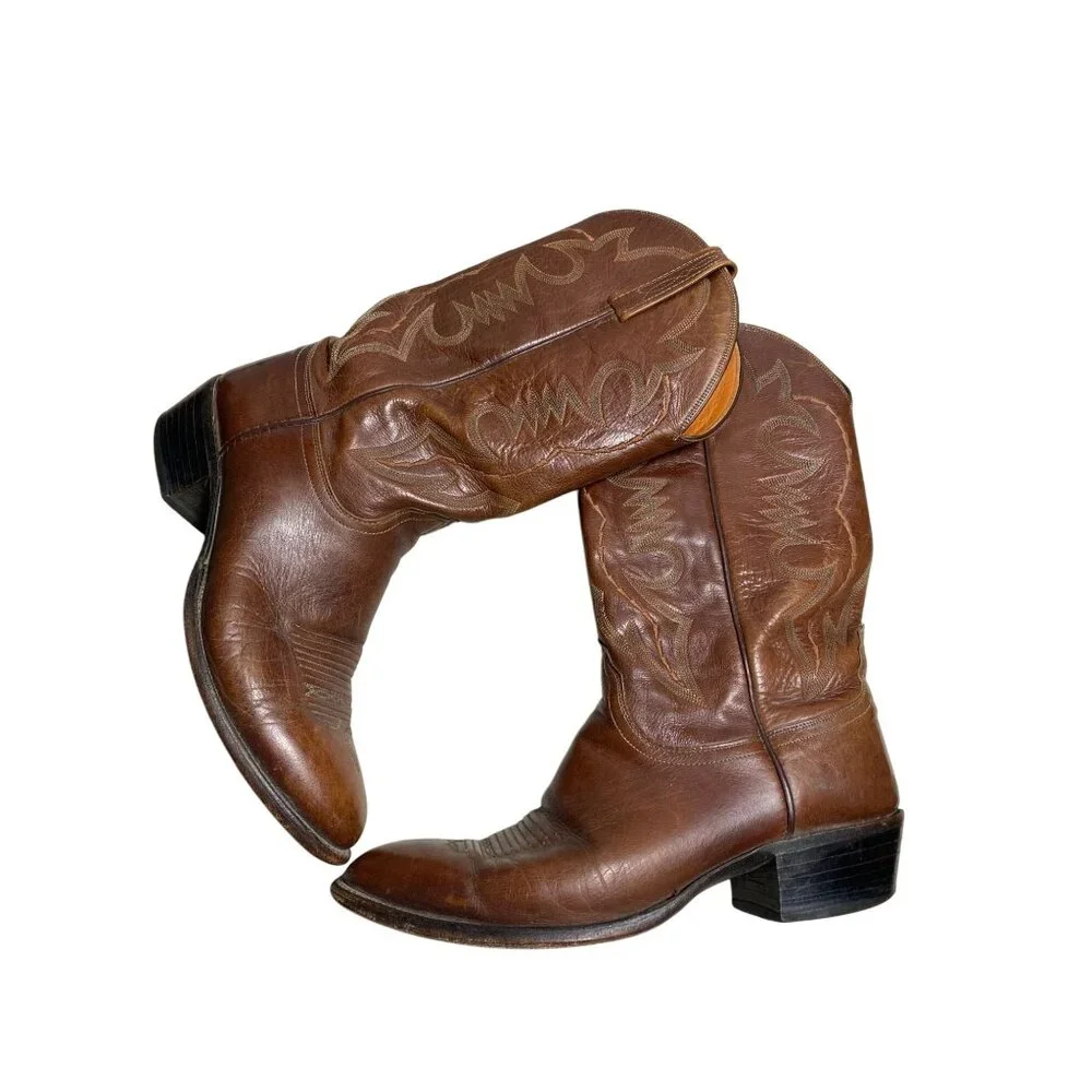 Lucchese 2000 Men Vintage Cowboys Boots Sz 10.5 D Brown Leather Western T3022R4 - Picture 1 of 16